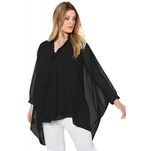 Black Long Sleeve Chiffon Overlay Plus Size Blouse