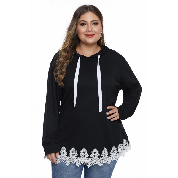 Black Plus Size Supersoft Hoodie Sweatshirt With Lace Trim
