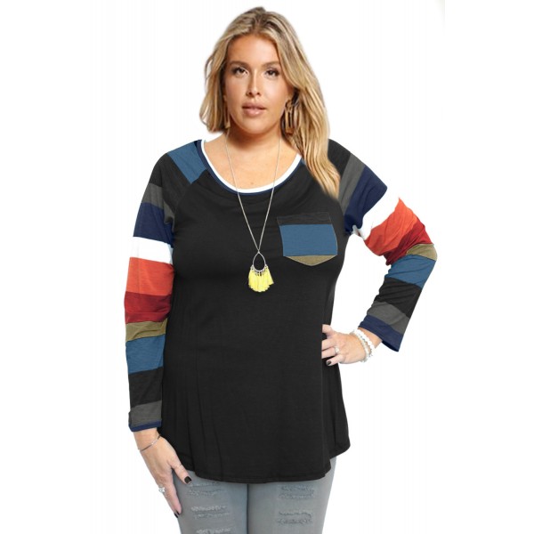Autumn Chill Top With Front Pocket & Striped Contrast Sleeves In Black