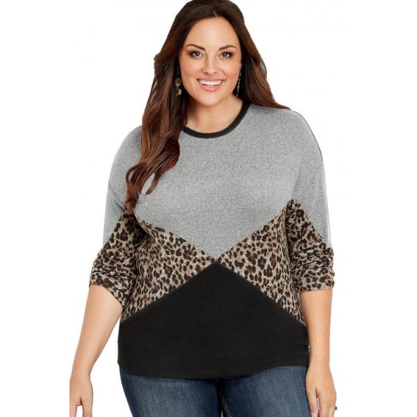 Gray Plus Size Animal Print Splice Long Sleeve Pullover Sweatshirt