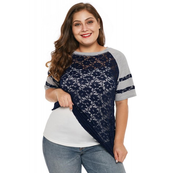 Blue Lace Panel Raglan Sleeve Plus Size T-shirt
