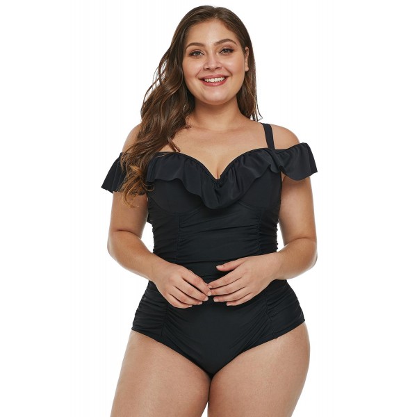 Black Ruched Ruffle Plus Size One Piece Swimsuit