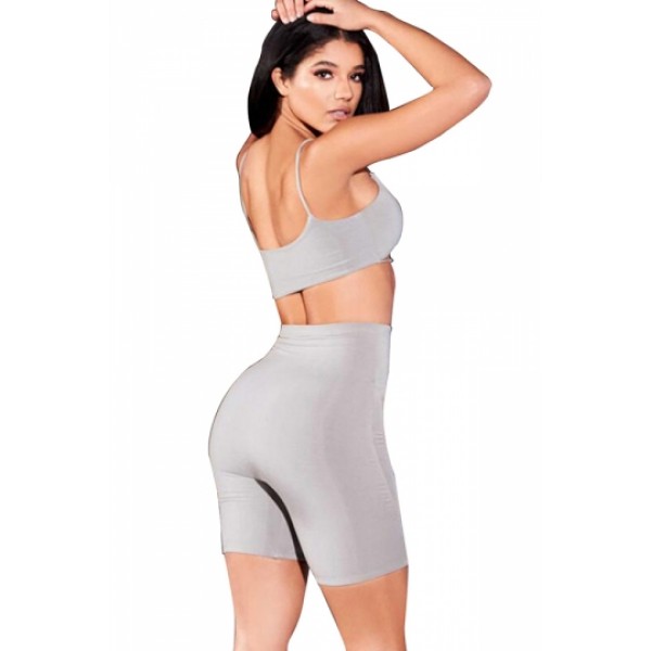 Cut Out Crop Top&High Waisted Shorts Plain Two-Piece Set Gray
