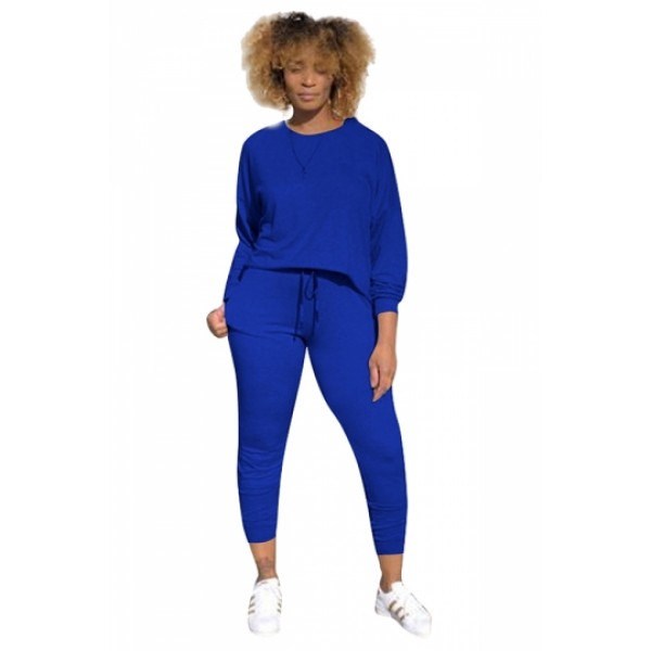 Long Sleeve Loose Top Drawstring Leggings Plain Two Pieces Suits Blue