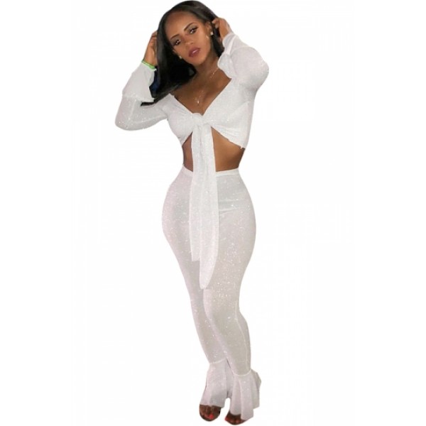 Bell Sleeve Tie Crop Top&High Waisted Flare Pants Two-Piece Set White
