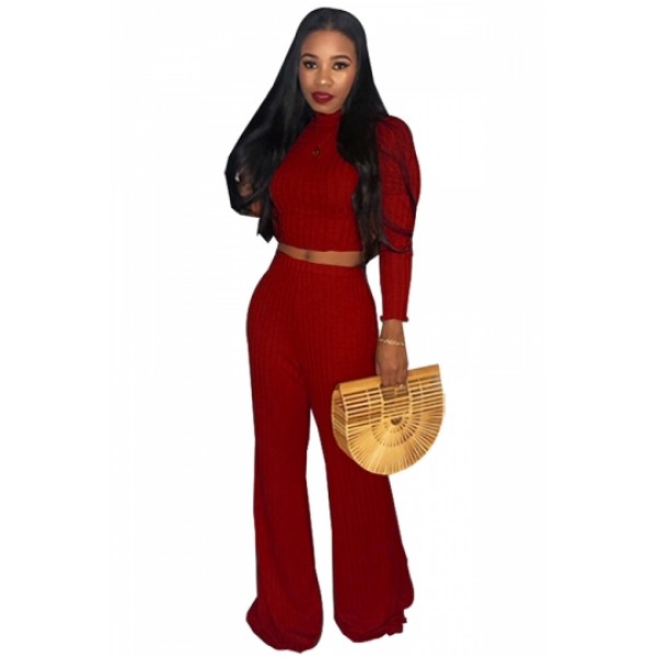High Neck Long Sleeve Crop Top High Waisted Wide Legs Knitted Suit Ruby