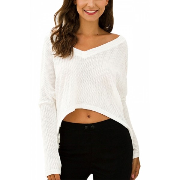 Solid V Neck Long Sleeve Crop Top White