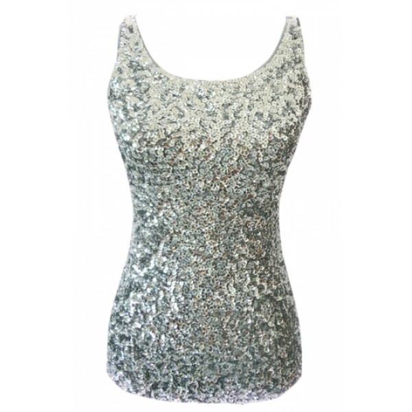 Cheap Silvery Slimming Ladies Crew Neck Sleeveless Sequined Tank Top