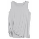 Crew Neck Knot Front Plain Pleated Tank Top Gray