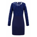 Long Sleeve Lace Patchwork Sheer Plain Bodycon Mini Dress Navy Blue