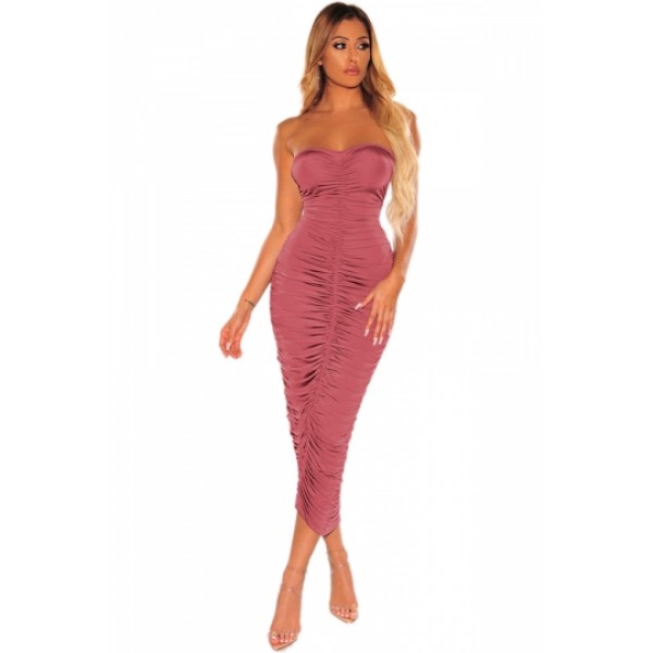 Ruched Strapless Bodycon Dress Rose Red