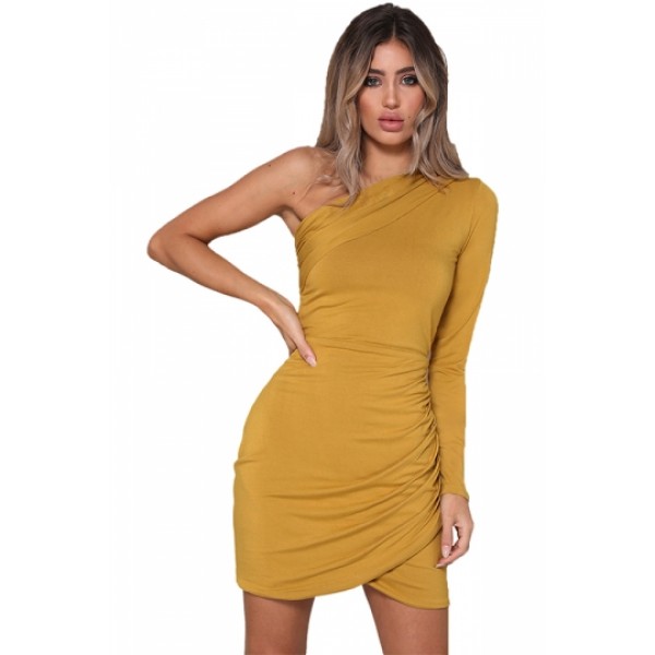 Sexy One Shoulder Long Sleeve Pleated Plain Bodycon Mini Dress Yellow