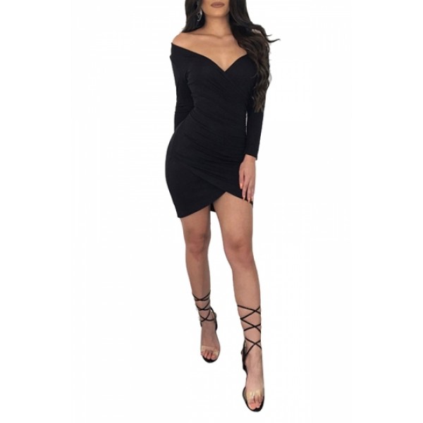 Sexy Long Sleeve Off Shoulder Pleated Bodycon Wrap Mini Dress Black