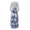 3/4 Sleeve Flower Print Side Pocket Striped Maxi Dress Navy Blue