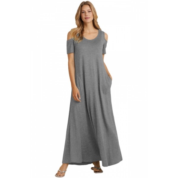 Cold Shoulder Short Sleeve Pocket Loose Plain Maxi Dress Light Grey