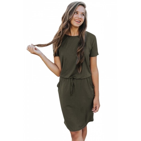 Drawstring Pocket Short Sleeve Midi Dress Olive