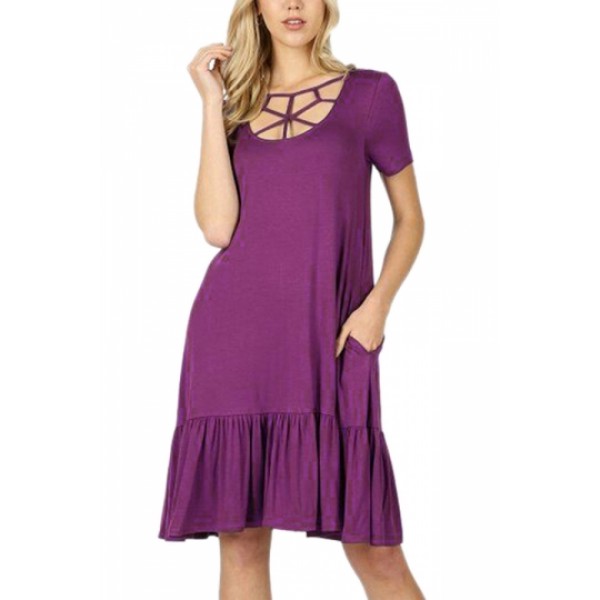 Short Sleeve Strappy Plain Flounce Midi Dress Purple