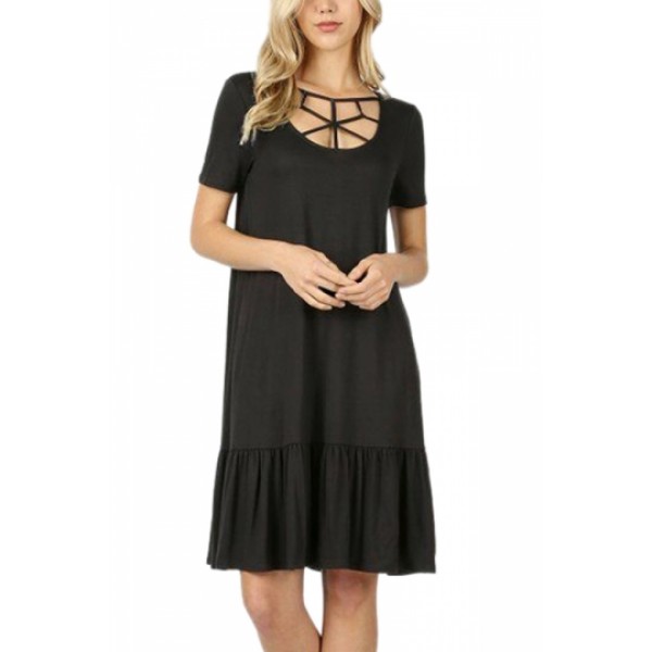 Short Sleeve Strappy Plain Ruffle Midi Dress Black