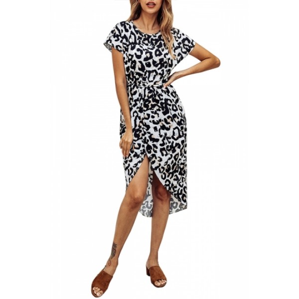 Short Sleeve Leopard Print Belted Wrap Midi Dress