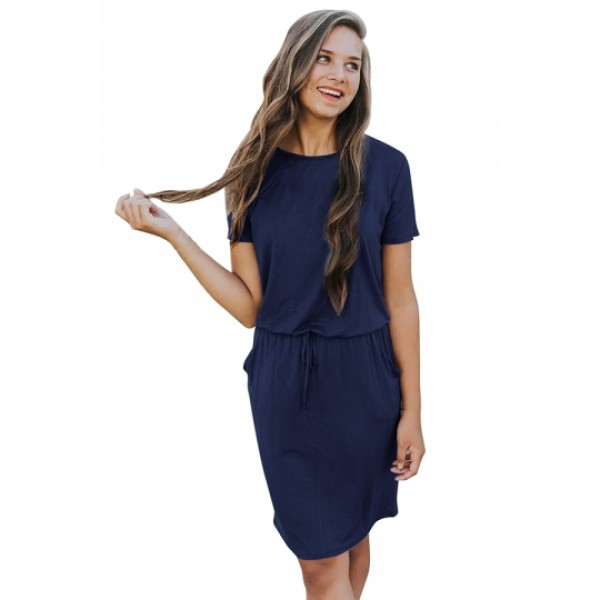 Short Sleeve Pocket Drawstring Midi Dress Navy Blue