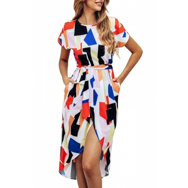 Short Sleeve Geometric Print Belted Midi Dress