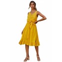 Ruffle Fringe Midi Dress With Belted Yellow