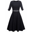Half Sleeve Plain A-Line Lace Midi Flared Dress Black