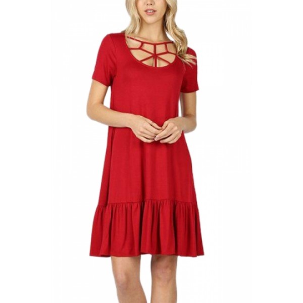 Short Sleeve Plain Flounce Strappy Midi Dress Red