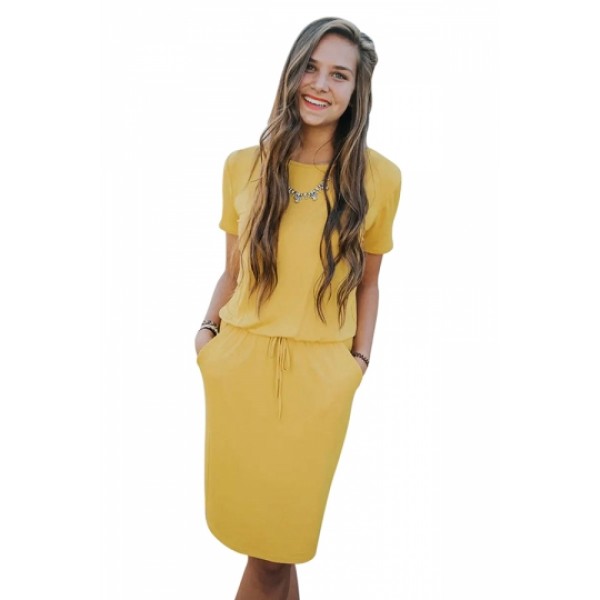 Short Sleeve Drawstring Casual Midi Dress Yellow