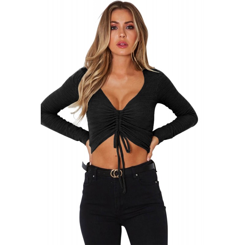 Black Cinched Lace Up Long Sleeve Crop Top