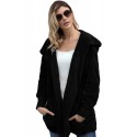Black Soft Fleece Hooded Open Front Coat