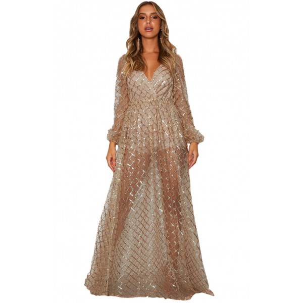 Apricot Glittering Checked Pattern Sheer Gown