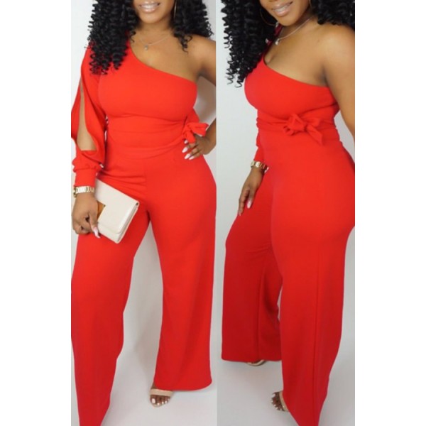 Lovely Casual One Shoulder Asymmetrical Red Jumpsuit(Elastic)