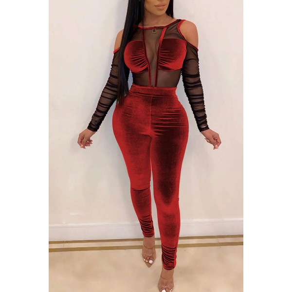 Lovely Sexy See-through Wine Red  One-piece Jumpsuit