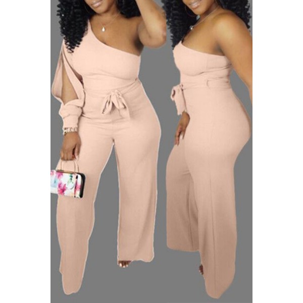 Lovely Casual One Shoulder Light Pink One-piece Jumpsuit(With Belt)