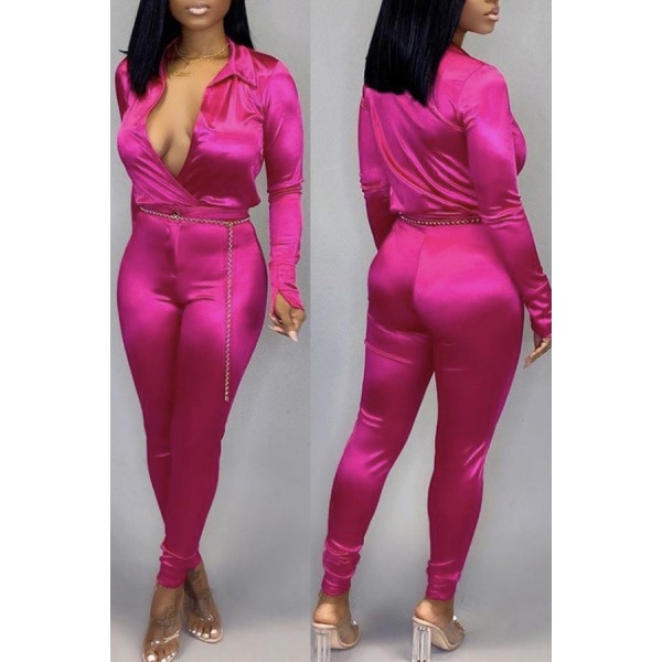 Lovely Casual Deep V Neck Rose Red One-piece Jumpsuit