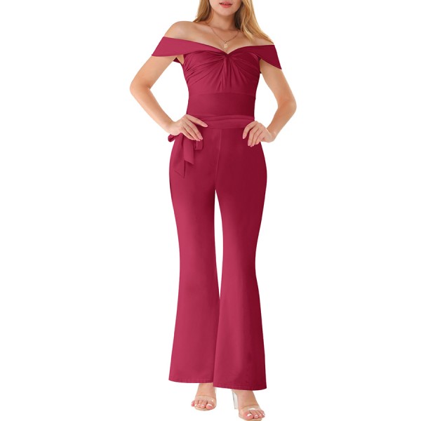 Lovely Casual Off The Shoulder Drape Design Wine Red One-piece Jumpsuit