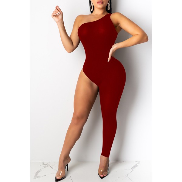 Lovely Sexy Asymmetrical Wine Red One-piece Jumpsuit