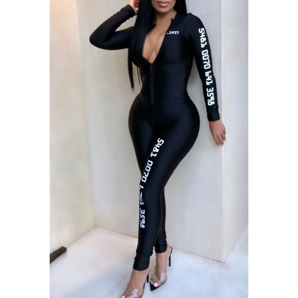 Lovely Casual Letter Printed Skinny Black One-piece Jumpsuit