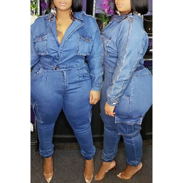 Lovely Casual Pocket Patched Blue Plus Size One-piece Jumpsuit