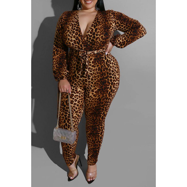 Lovely Casual Leopard Printed Plus Size One-piece Jumpsuit
