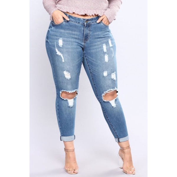Lovely Casual Hollow-out Skinny Blue Plus Size Jeans