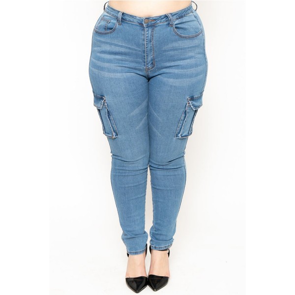 Lovely Casual Pocket Patched Baby Blue Plus Size Jeans