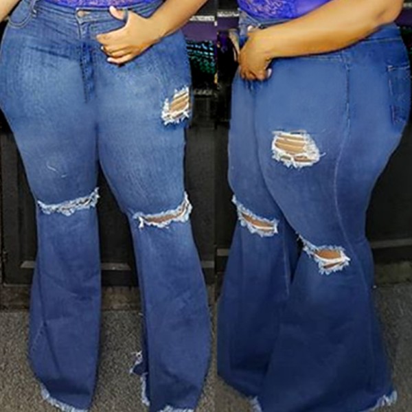 Lovely Trendy Broken Holes Blue Plus Size Jeans