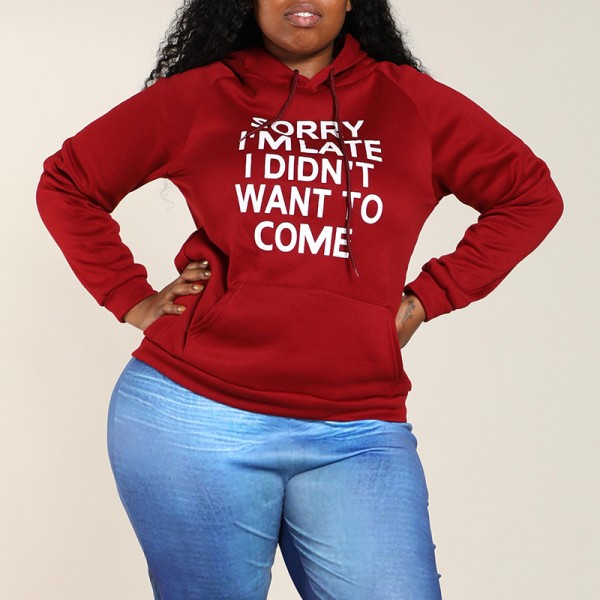 Lovely Casual Letter Printed Wine Red Plus Size Hoodie
