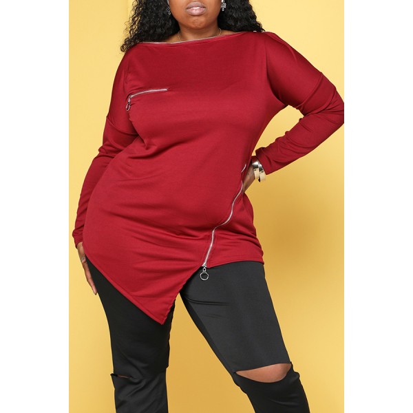 Lovely Casual Zipper Design Wine Red Plus Size Hoodie