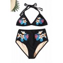 Black Embroidery Mesh Splicing High-waisted Swimsuit Bikini