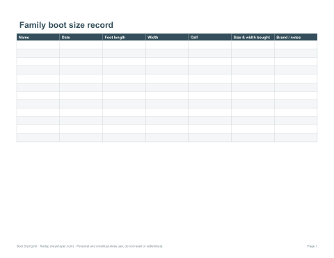 Preview of the first page of Size record